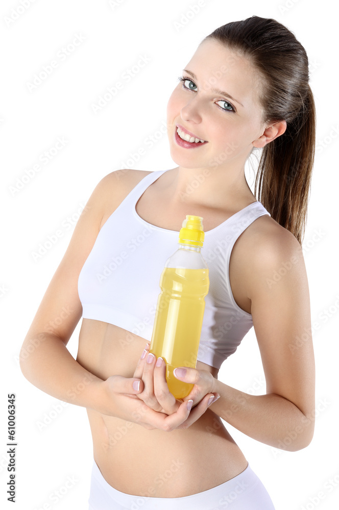 smiling woman with bottle of vitamin supplement smiling woman with bottle of vitamin supplement