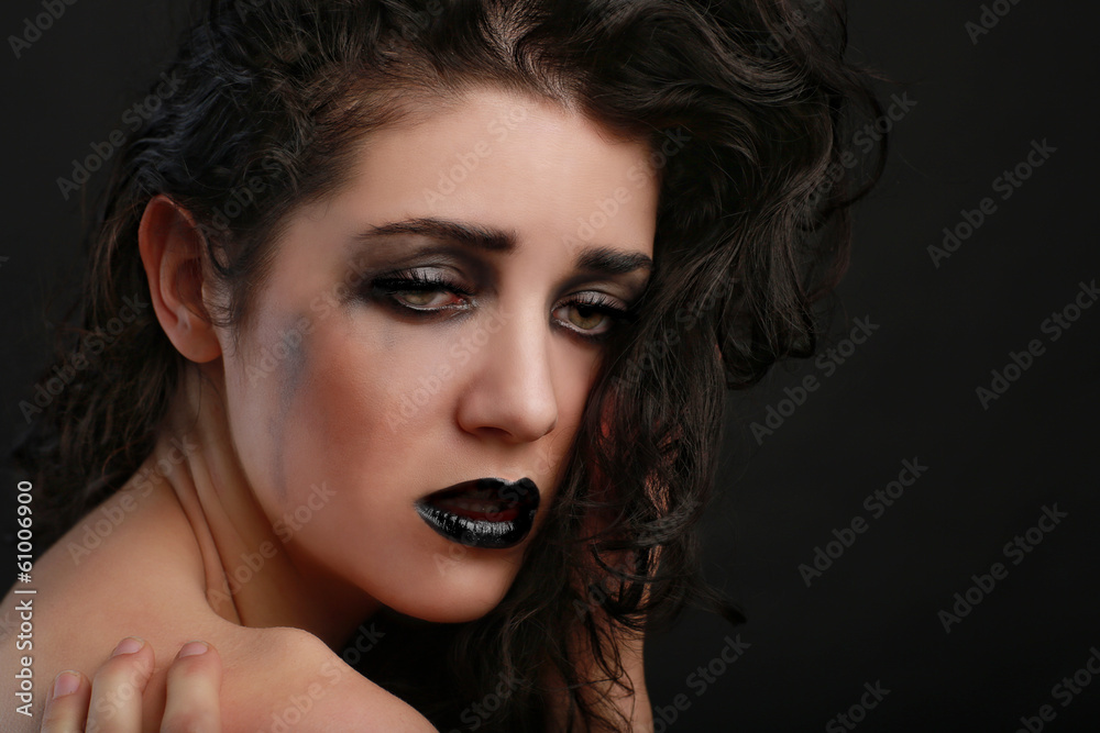 Depressed Sad Thinking Woman on Black Background Depressed Sad Thinking Woman on Black Background