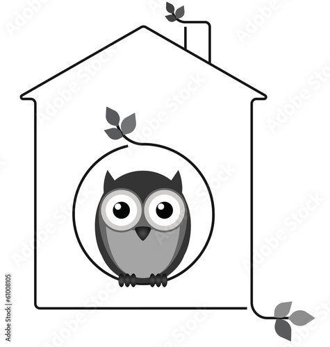 Owl in his twig house isolated on white background