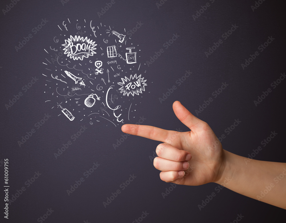Sketched explosives coming out of gun shaped hands Sketched explosives coming out of gun shaped hands