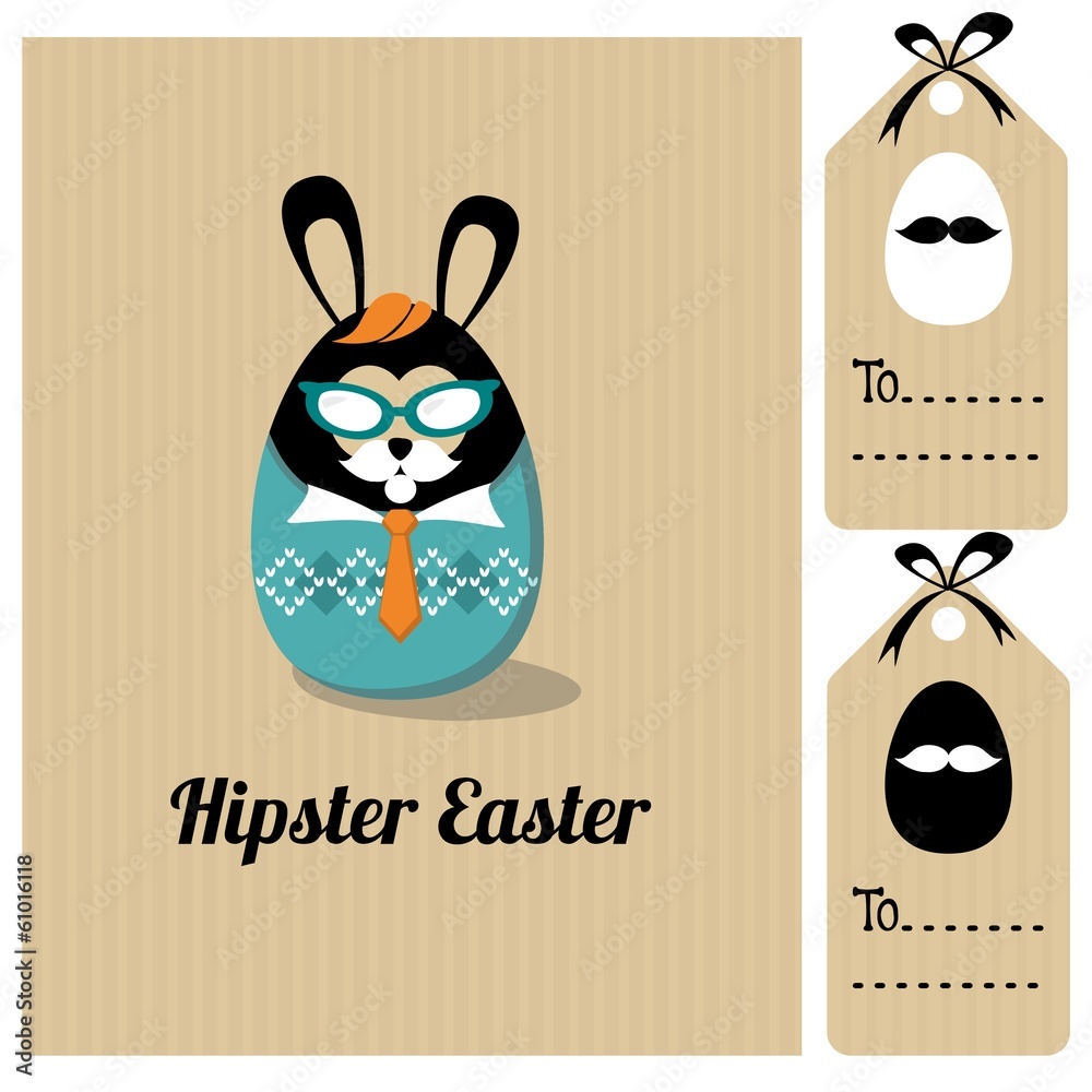 Fototapeta premium Cute vintage easter card with hipster bunny, vector