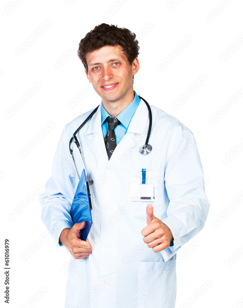 Portrait of a smiling male doctor holding a notepad and finger u Portrait of a smiling male doctor holding a notepad and finger u