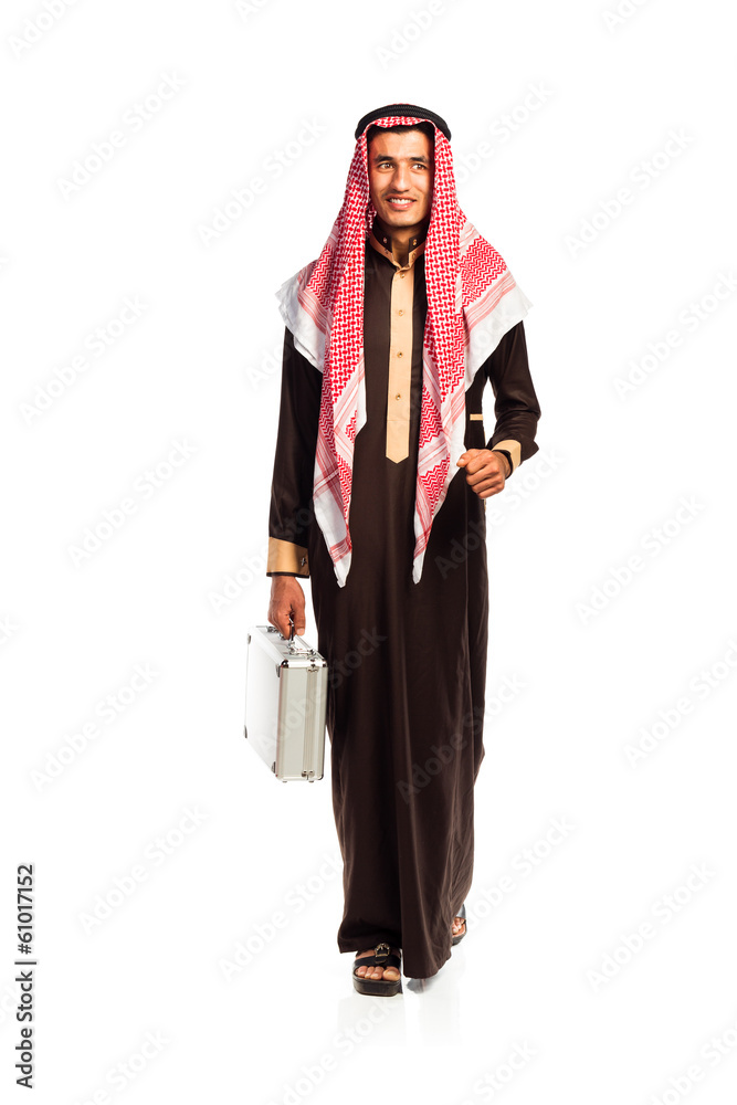 Young arab with a aluminum case isolated on white