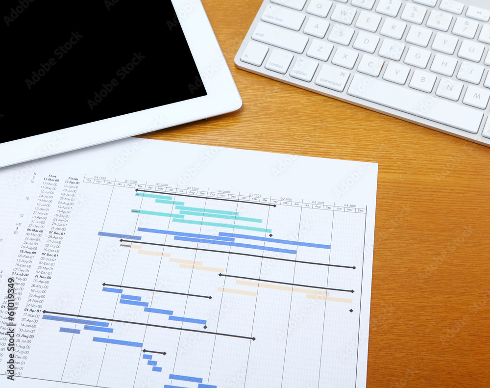 Gantt chart with tablet and computer keyboard Gantt chart with tablet and computer keyboard