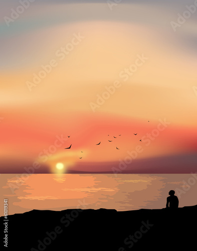 The lonely man at the sunset. Vector illustration