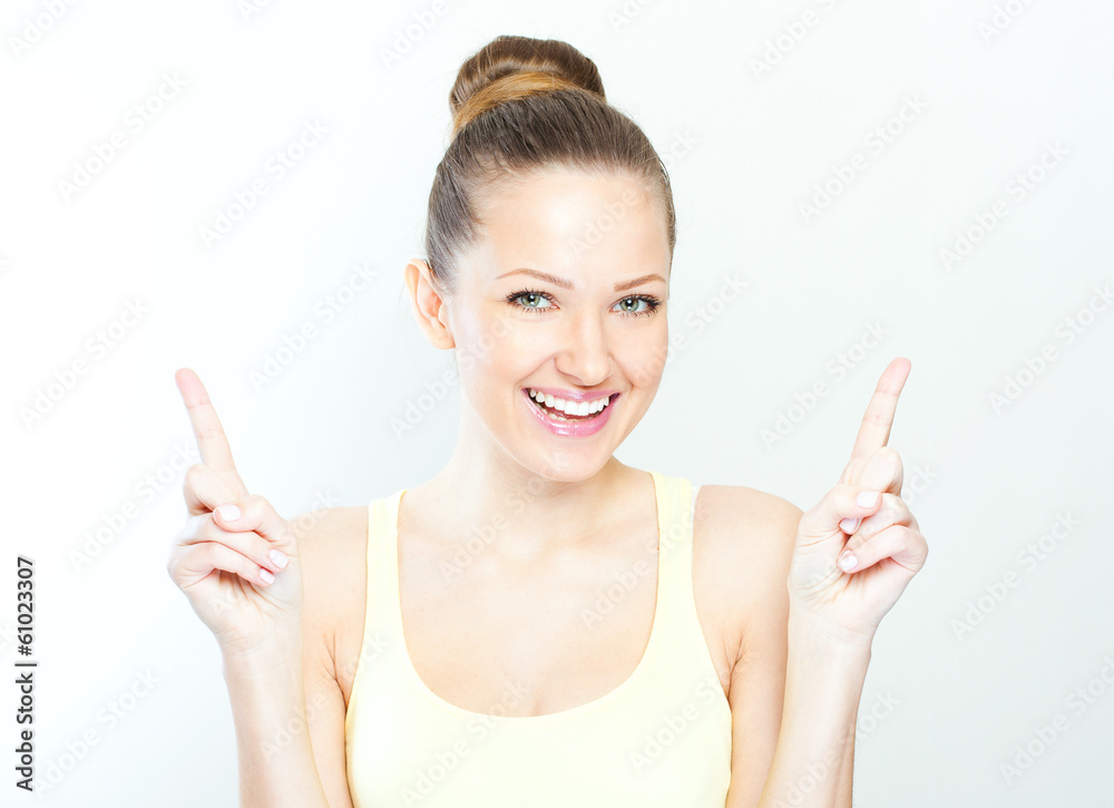 smiling woman pointing on an idea. beautiful woman. smiling woman pointing on an idea. beautiful woman.