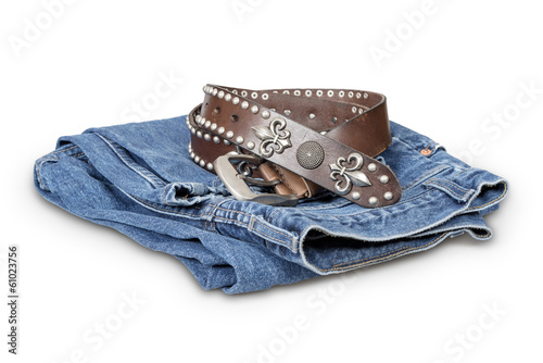 Blue jeans and leather belt isolated with clipping path.
