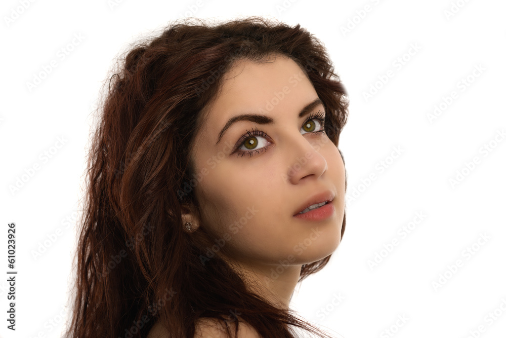 Beautiful young woman face portrait, white background Beautiful young woman face portrait, white background