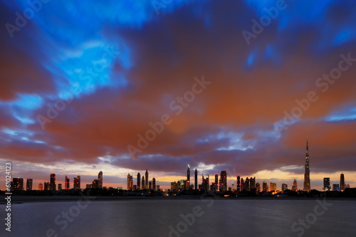 A dynamic skyline of Dubai, UAE at dawn