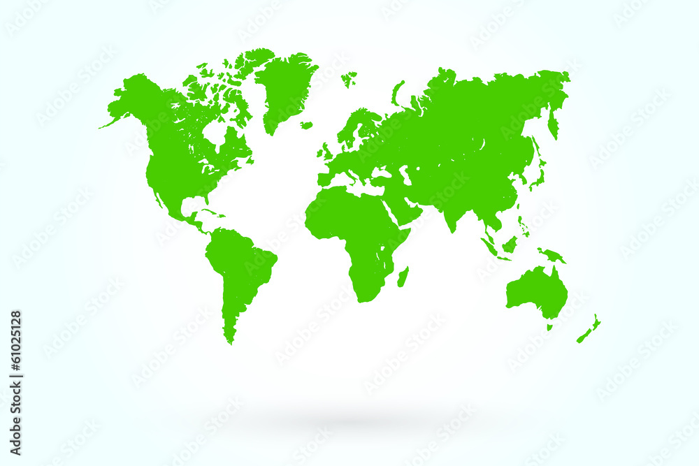 Green World Map With Shadow On Blueish Background