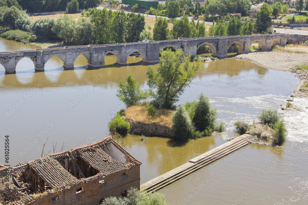 Obraz premium Ruins of warehouse next to a river and a bridge