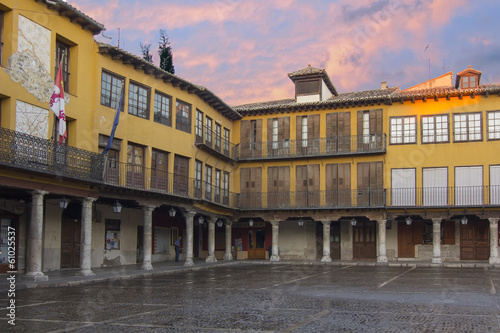 Ancient main square with arcades after rain in Tordesillas, Spai