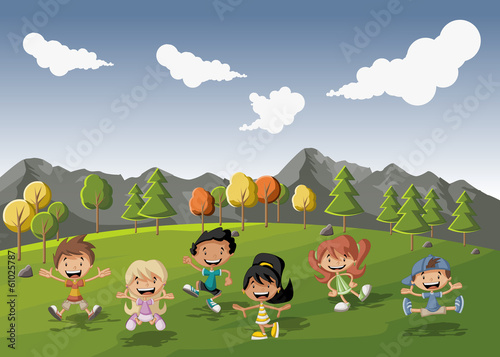 Group of cute happy cartoon kids playing in green park