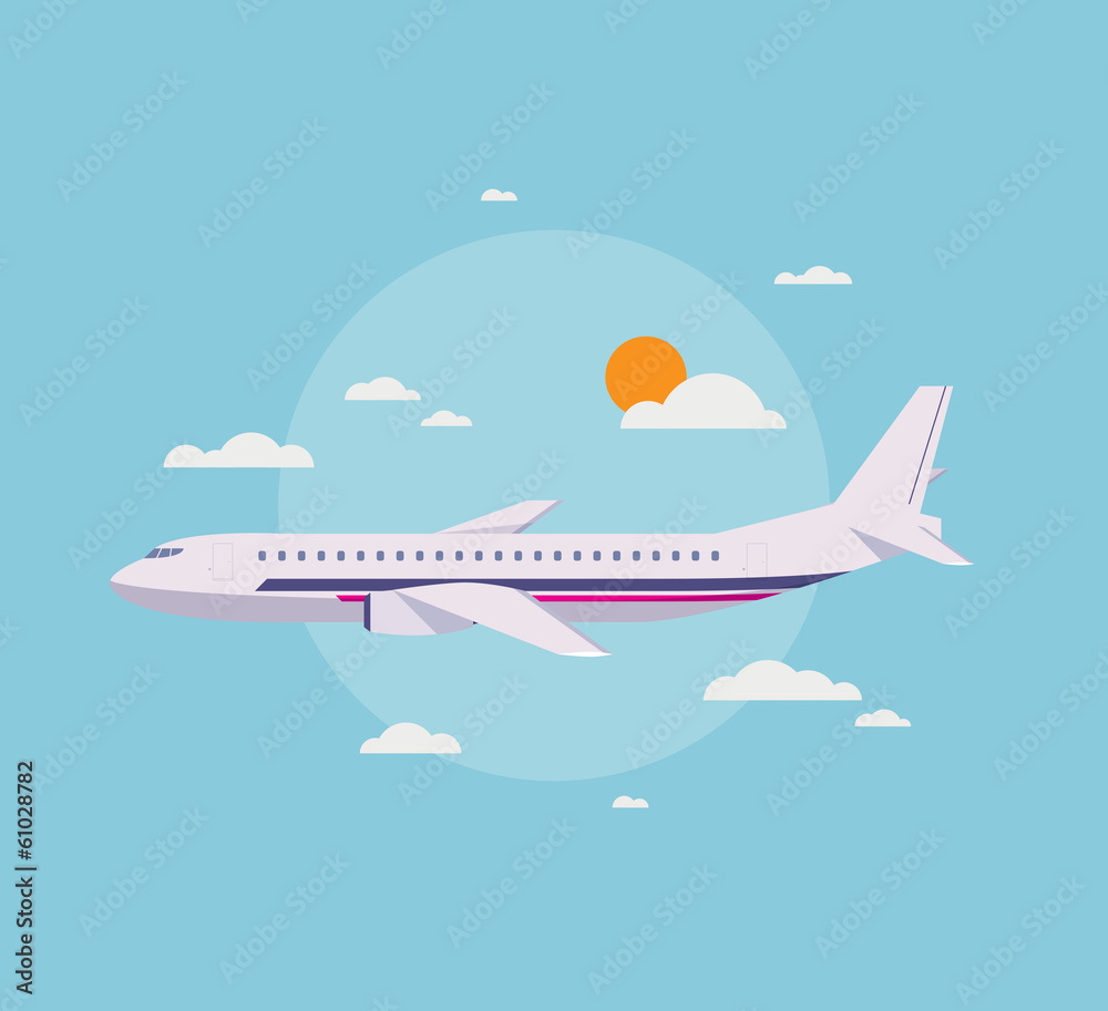 Flat illustration of modern airplane in the sky