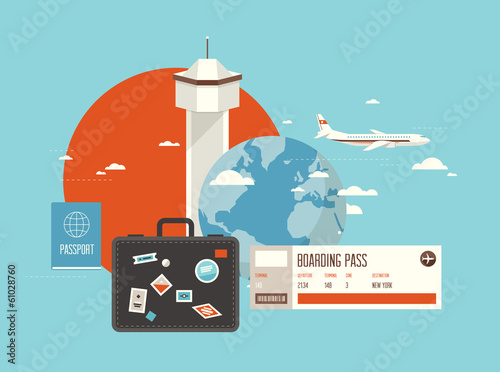 Flat illustration of travel on airplane