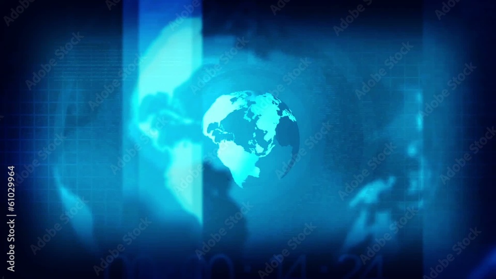 Broadcast news intro opening, earth globe animated rotation.