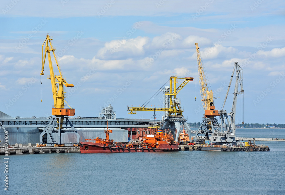 Bunker ship (fuel replenishment tanker) under port crane, Odessa