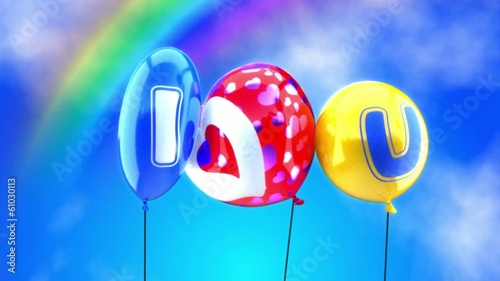 I love you. Balloons are in the sky with rainbow
