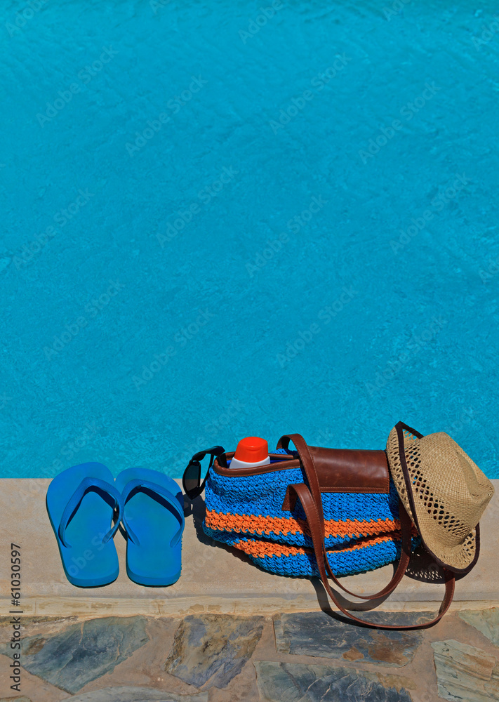 Naklejka premium summer beach bag and flip flops for outdoor pool