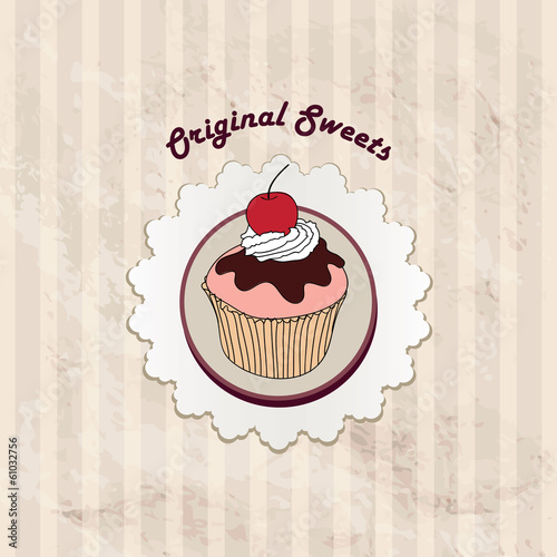 Pastry on vintage background. Sweets gift card. Cupcake set