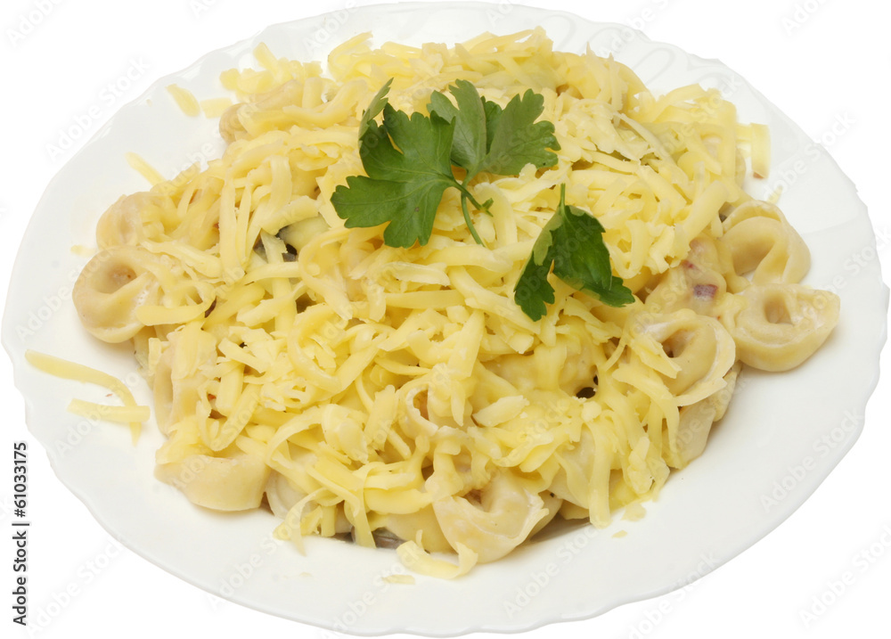 Italian tortelini with herbs, garnished with bacon and cheese