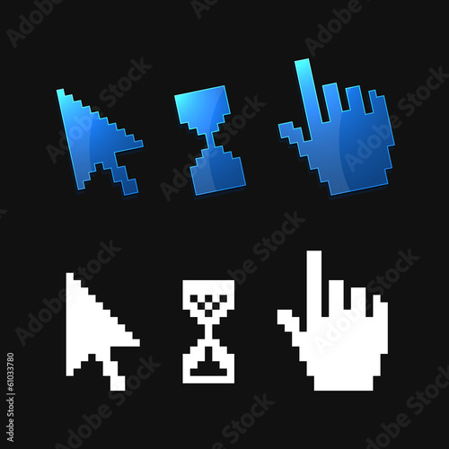 Pixel 3d cursors icons. Hand, Arrow, Hourglass