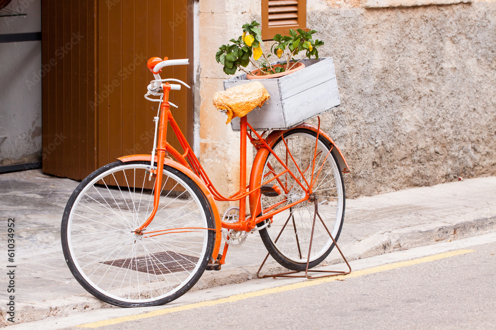 damen fahrrad in orange mit blumen im korb