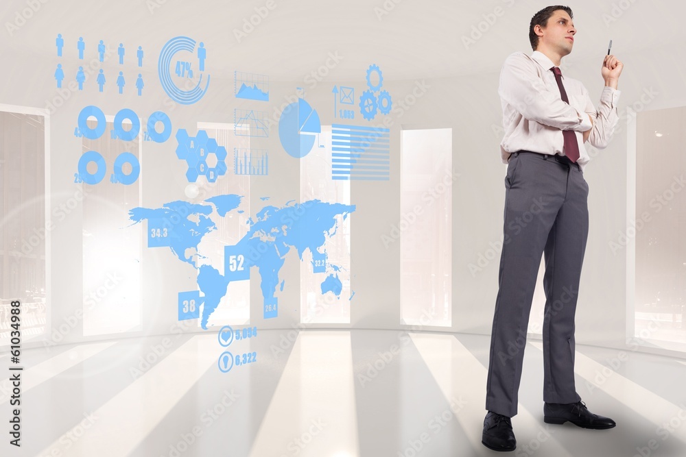 Composite image of thinking businessman holding pen Composite image of thinking businessman holding pen