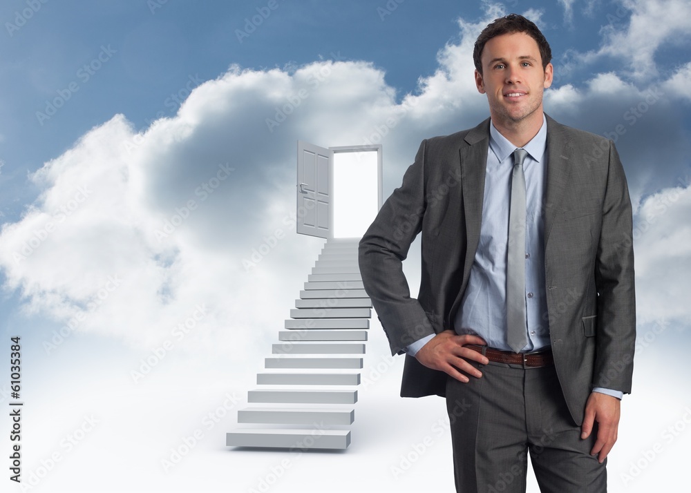 Composite image of smiling businessman with hand on hip Composite image of smiling businessman with hand on hip