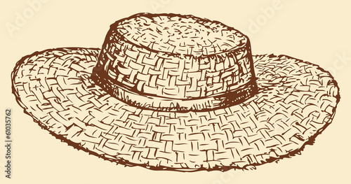 Vector monochrome line drawing of a straw hat