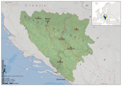 Bosna and Herzegovina road relief map