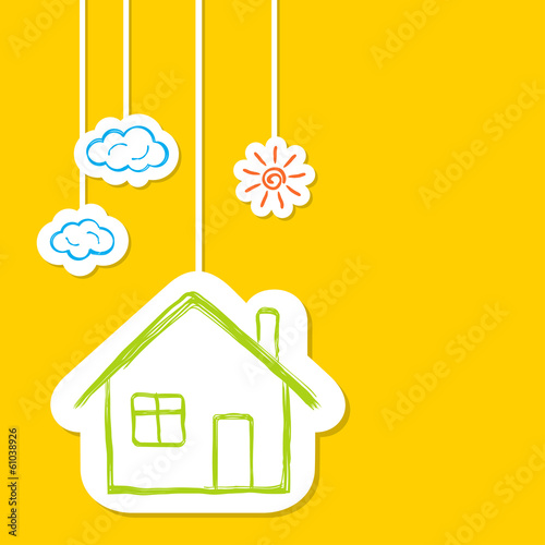 House with sun and clouds in doodle style