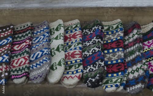 Traditional bulgarian colorfull wool stocking knitted by hand