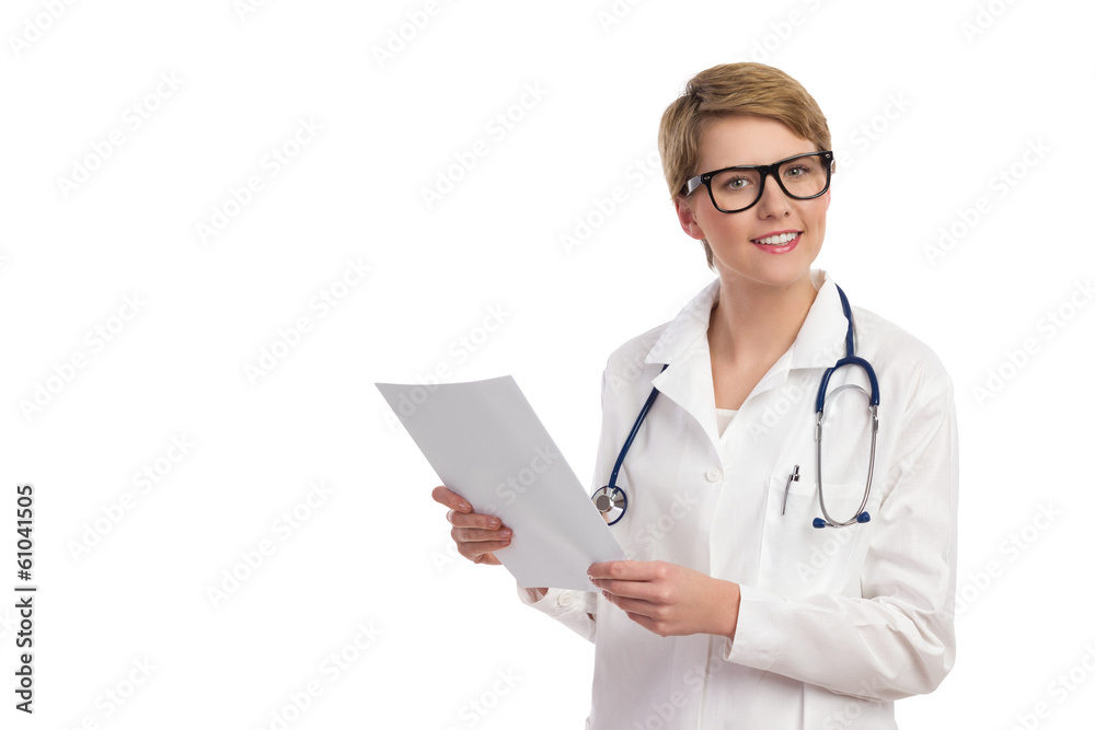 Cheerful female doctor with documents. Cheerful female doctor with documents.
