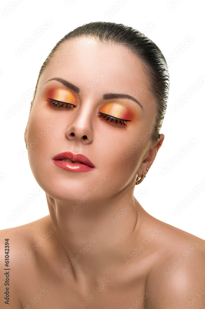 face of young woman with makeup on white background