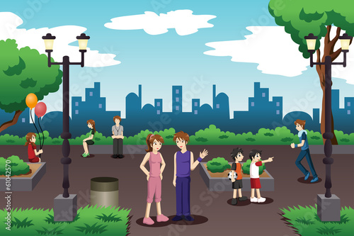 People in a city park doing everyday stuff