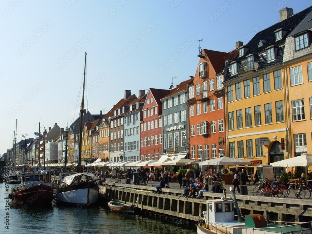 Historic boats moored along Nyhavn Quayside, Copenhagen