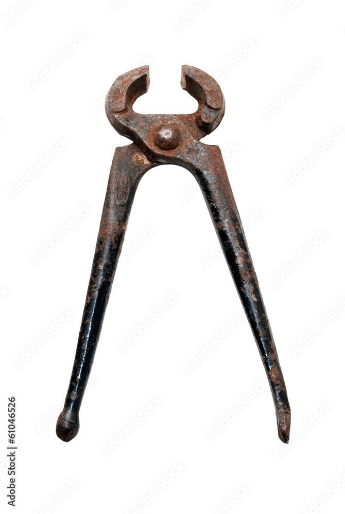 Rusty pair of pincers open isolated on white background Rusty pair of pincers open isolated on white background
