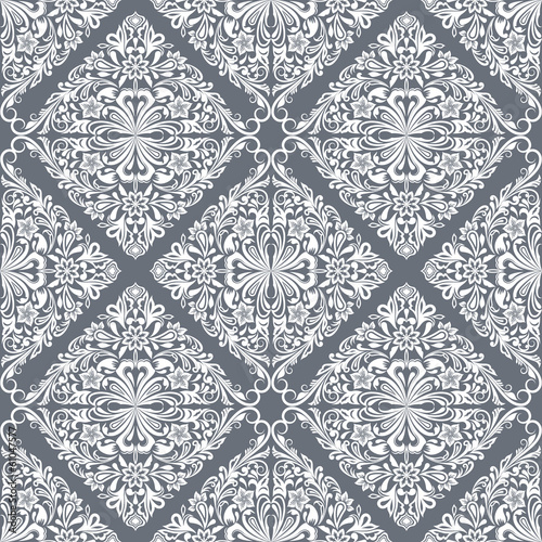 Seamless white and grey floral wallpaper pattern.
