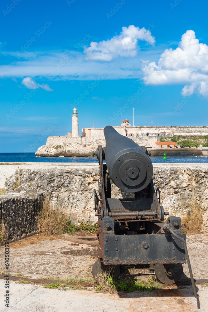 Old cannon aiming at the  fortress of El Morro in  Havana