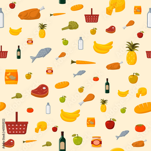 Supermarket food items seamless background