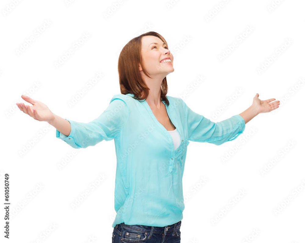 smiling woman waving hands smiling woman waving hands