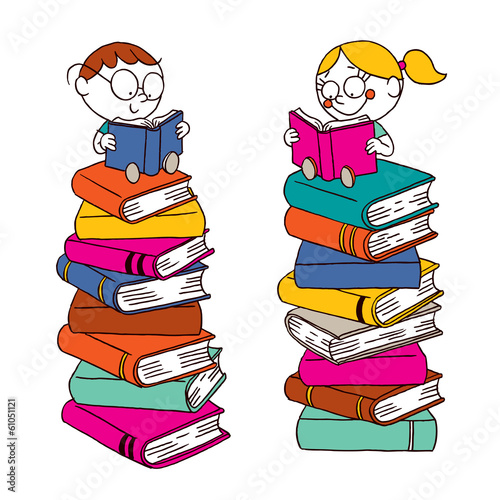 Kids reading on a big pile of books