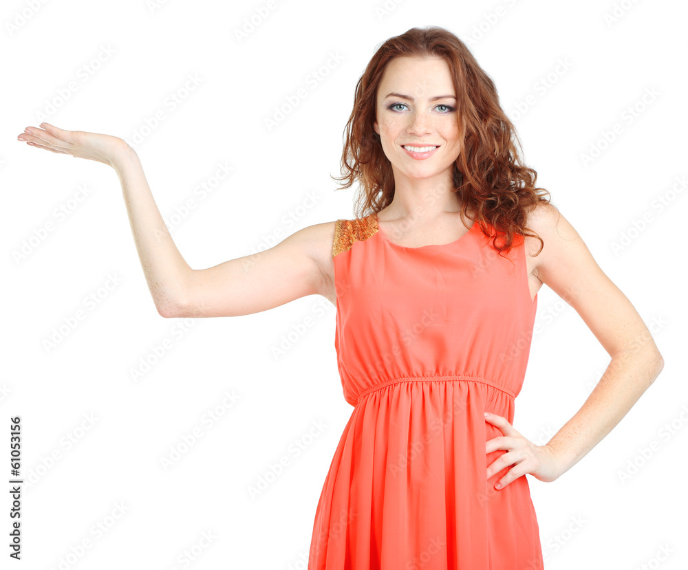 Beautiful young girl in dress isolated on white