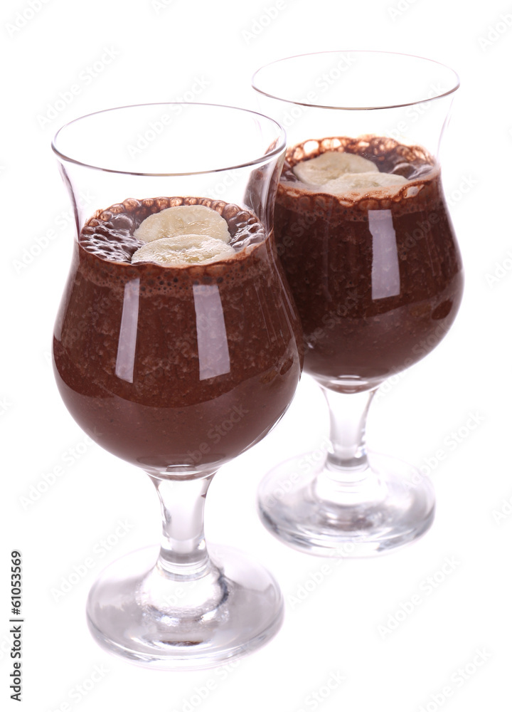 Cocktails with banana and chocolate isolated on white