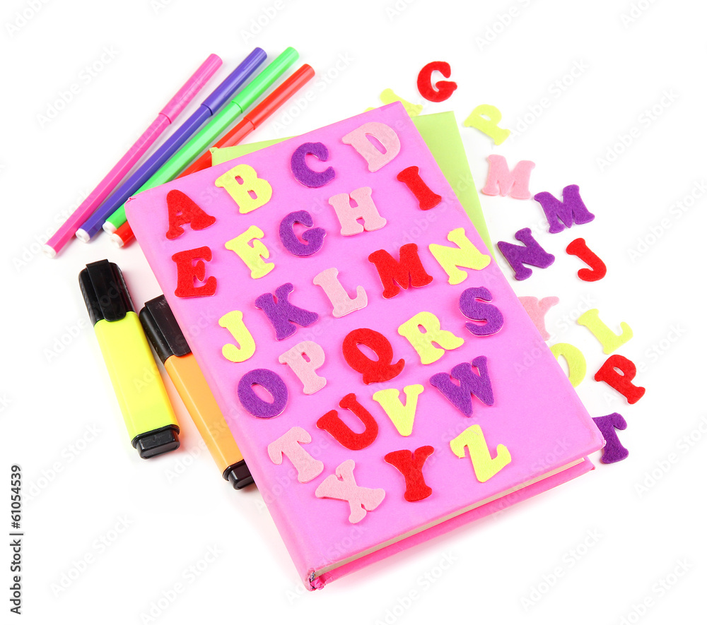 English alphabet, books and markers, isolated on white English alphabet, books and markers, isolated on white