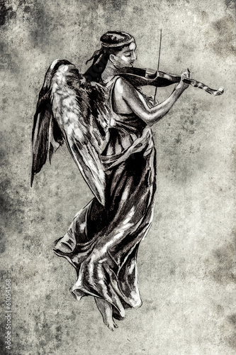 Sketch of tattoo art, music angel with violin