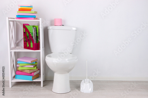 White toilet bowl and stand with books  on color wall