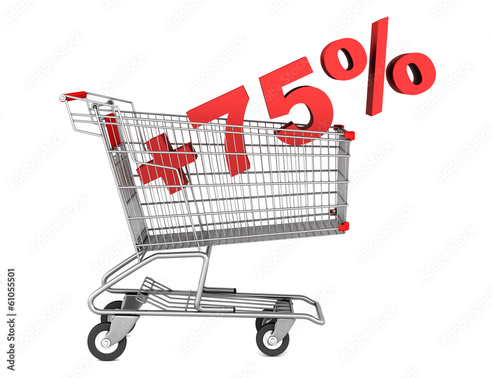 shopping cart with plus 75 percent sign isolated on white backgr shopping cart with plus 75 percent sign isolated on white backgr