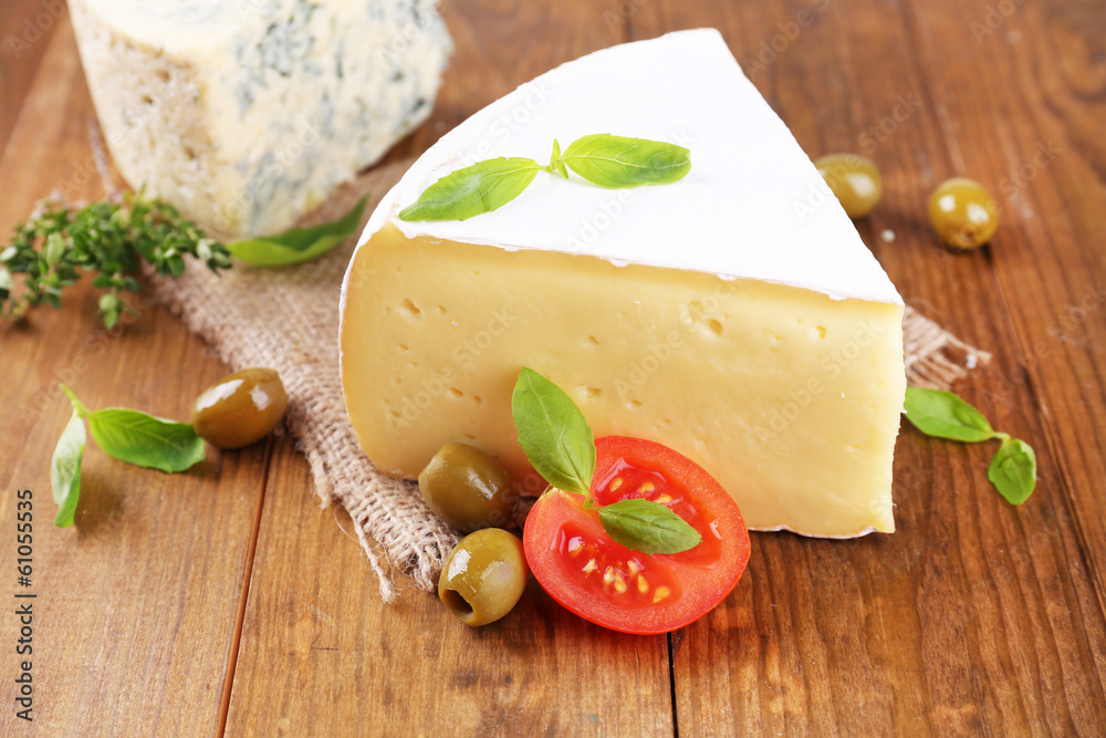 Tasty Camembert cheese with tomato, basil and olives, Tasty Camembert cheese with tomato, basil and olives,